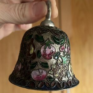 Asian Export Silvertone w Cloisonne Hearts & Fruit Holiday Metal Bell